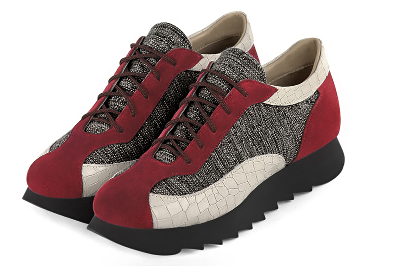 Burgundy red, matt black and off white women's three-tone elegant sneakers. Round toe. Low rubber soles. Front view - Florence KOOIJMAN